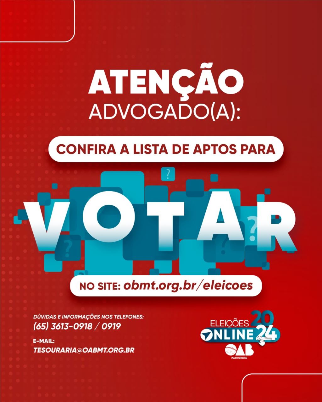 OAB-MT divulga lista de advogadas e advogados aptos a votar