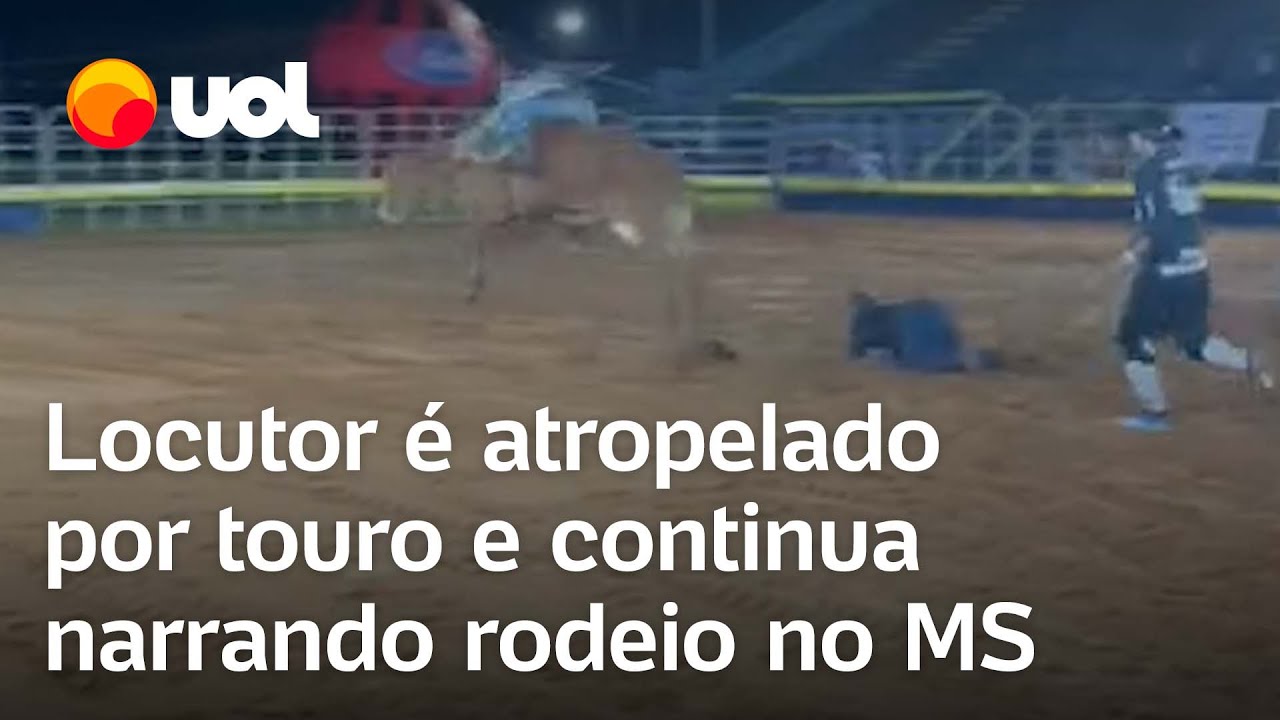 Locutor é atropelado por touro e continua narrando rodeio no MS; veja