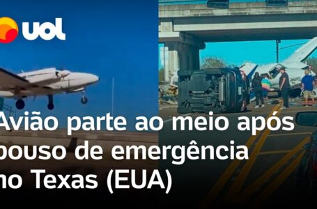 Avião faz pouso de emergência em rodovia, colide com carro e se parte ao meio; veja