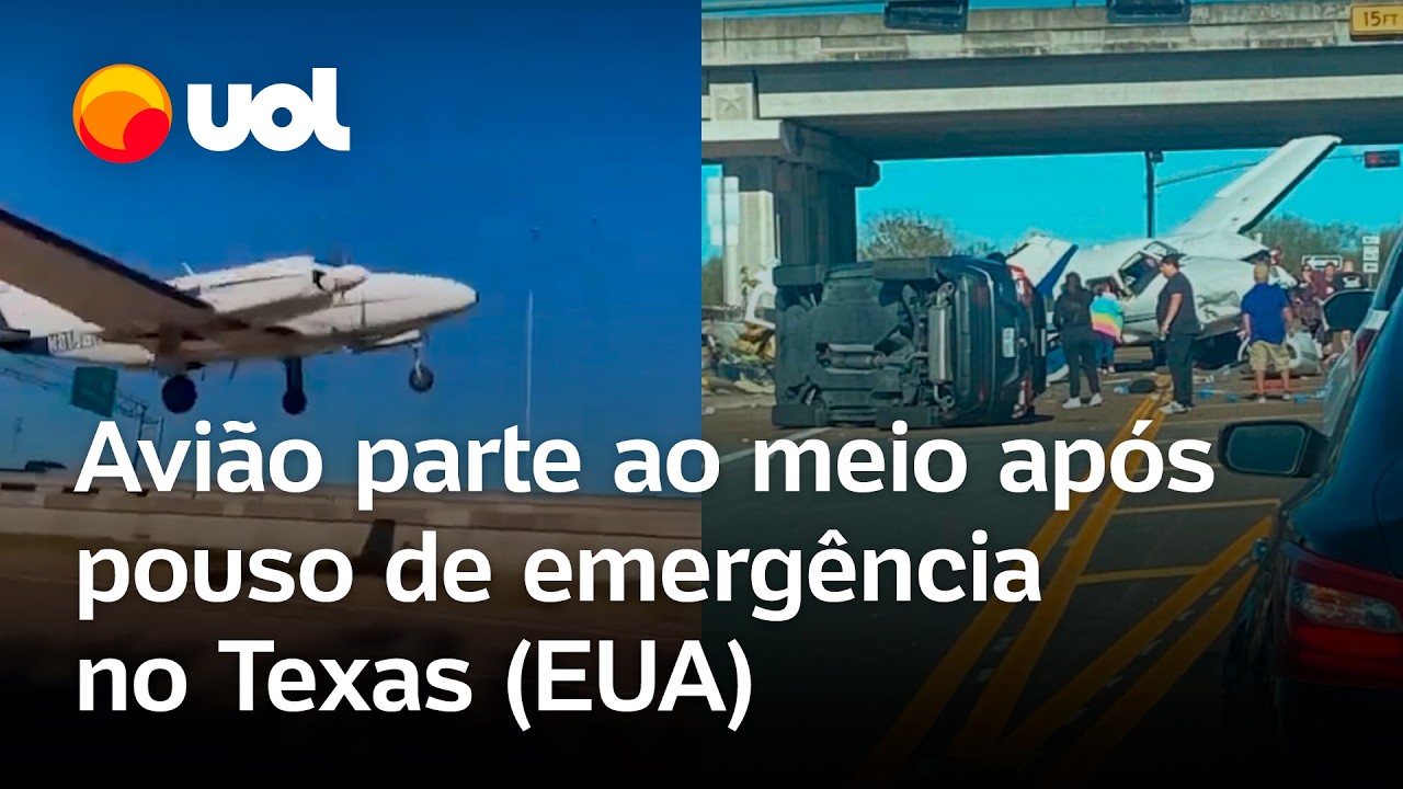 Avião faz pouso de emergência em rodovia, colide com carro e se parte ao meio; veja