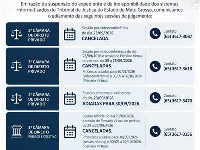 Foto da Notícia: Câmaras do TJMT adiam sessões de julgamento desta quarta-feira (23)